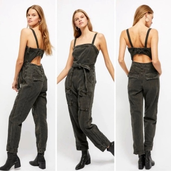 Free People Open Back Utility Cargo Overalls Size M Boho Distress Pre-Loved - Picture 1 of 15